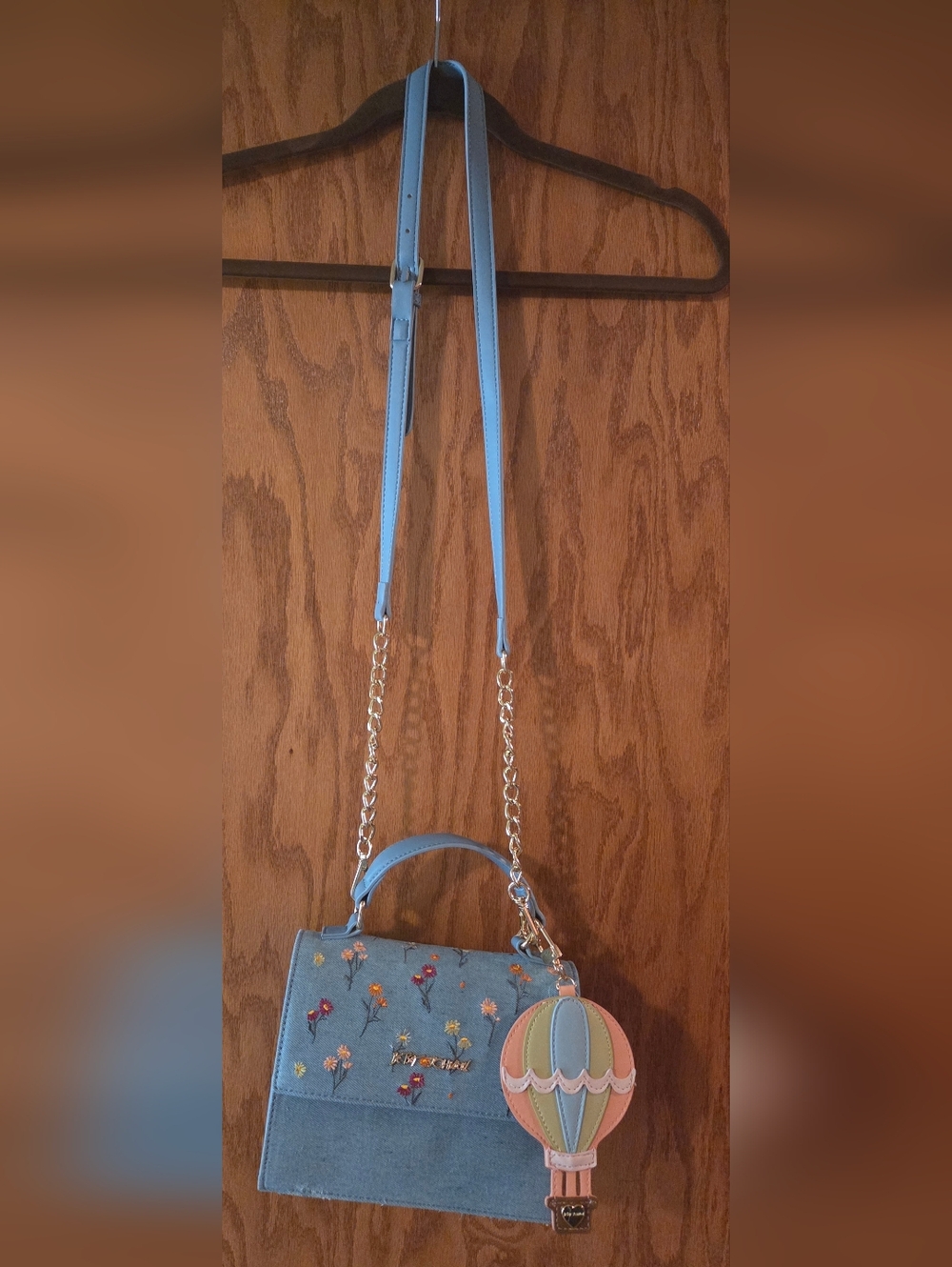 Betsey Johnson Light Blue Floral Crossbody with Gold Chain